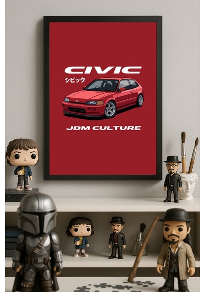 Honda Civic Siyah Ahşap Çerçeveli Poster, Dekoratif Jdm Araba Duvar Tablosu