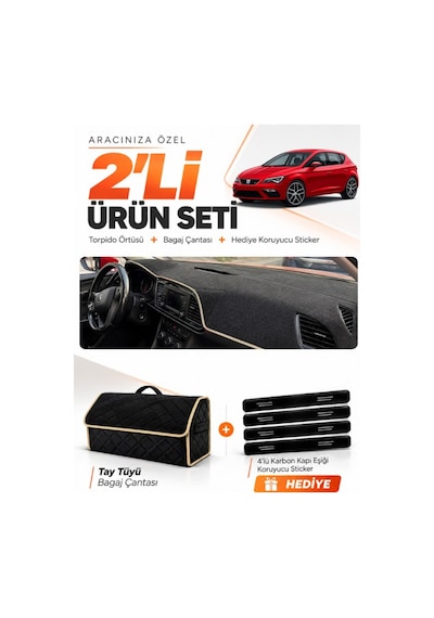 E-biz Seat Leon 2013-2020 Uyumlu Torpido Örtüsü + Tay Tüyü Bagaj Çantası Seti - Siyah-bej - Se006