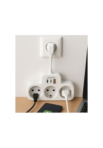 Voltaj Korumalı Priz Duvar Tipi Kısa Kablolu Priz Çoğaltıcı 3x Soket 2x Type-c 1x Usb 16a 3680w 1050 Joule Çocuk Standart