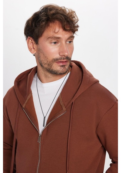 Tudors Unisex Relax Fit Rahat Kesim Pamuklu İçi Polarlı Çift Cepli Fermuarlı Kahverengi Kapüşonlu Sweatshirt-32719