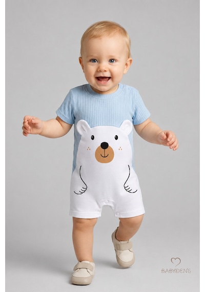 Babyden's Erkek Bebek Ayıcık Baskılı Kısa Kollu %100 Pamuk Yazlık Bebek Tulumu Yenidoğan Günlük Tulum 0-9 Ay Bebe Mavi