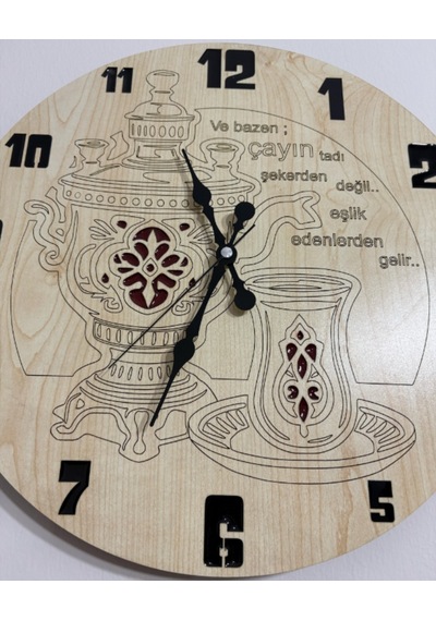 Ahşap Desen Duvar Saati - Çayın Tadı - Epoksi Reçine Kaplamalı - 40 Cm Ahşap