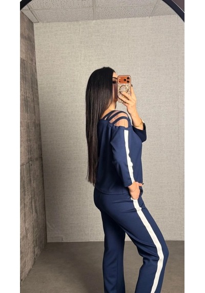 Defymoda Kadın Uzun Kollu Kolu Tül Yanları Şerit Detay Modal Ikili Takım Mavi