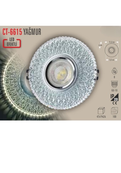 Ct-6615 Yağmur Cam Spot Ampülsüz Led Efekli 5 Adet - 3 W Led Çerçeveli Beyaz