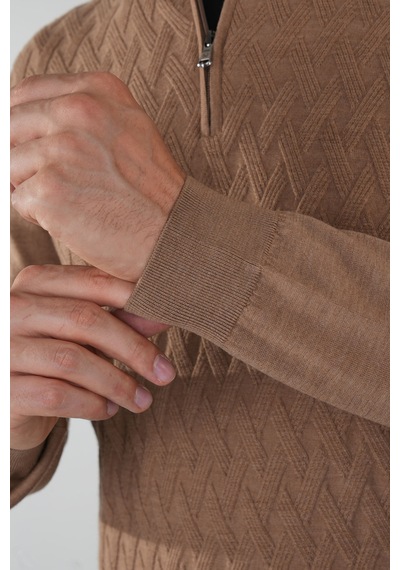 Bisse Camel Yün Yarım Balıkçı Yaka Fermuar Detaylı Jakarlı Triko Tr23k23208 D70