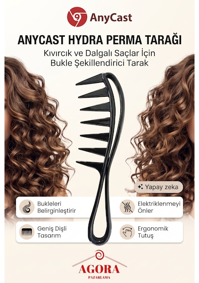 Anycast Hydra Perma Tarağı, Kıvırcık Ve Dalgalı Saçlar İçin Bukle Şekillendirici Tarak