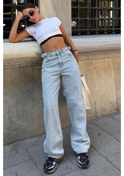 Açık Mavi Kargo Kemer Detaylı Baggy Kadın Jean Mg2874