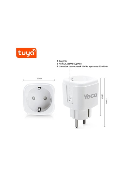 Yeco Sp-16 Akıllı Priz, Wi-fi Uyumlu, Telefonla Kontrol, 16a Akım Koruma, Enerji İzleme, 2 Adet 2 Adet