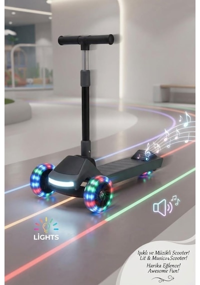 3 Tekerlekli Çocuk Scooter 4 Kademeli Ayarlanabilir Işıklı Ve Müzikli Katlanabilir Çocuk Scooter Gri