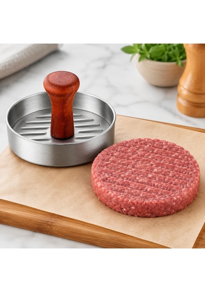 Paslanmaz Çelik Hamburger Köfte Presi, Ahşap Saplı Oluklu Köfte Şekillendirme Kalıbı Altın - Beyaz