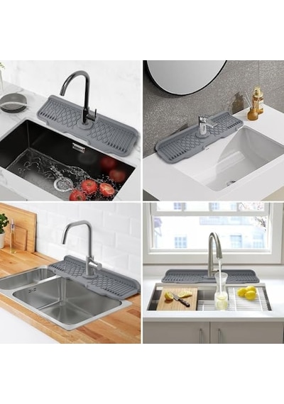 Xspring Silikon Musluk Matı, 43x15 Cm Mutfak Lavabo Koruyucu, Silikon Musluk Matı Bulaşık Süngeri Tutucu, Kaymaz Gri Kurutma Matı, Mutfak Ve Banyo Tezgah Koruma Açık Bej