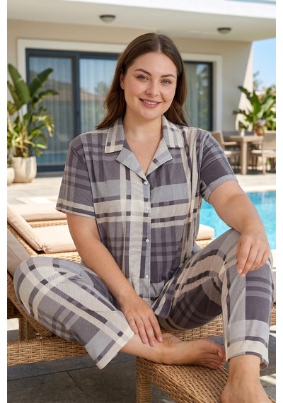 Remsa Büyük Beden Kadın Kısa Kol Milan Kumaş Pijama Takımı 50501-662 Gri02