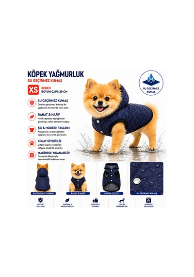 Köpek Yağmurluk Xs Beden Boyun Çapı 20 Cm Su Geçirmez Kapüşonlu Çıtçıtlı - Lacivert