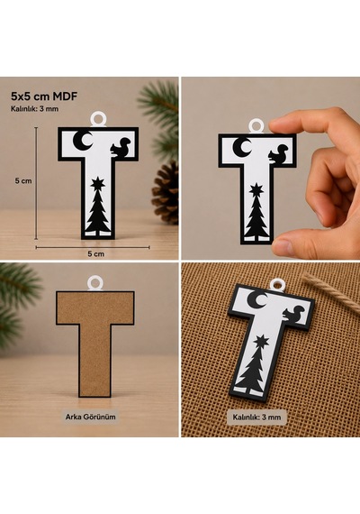 T Harf Yılbaşı Süsü Mdf Çam Ağacı Desenli Asılabilir Dekor 5x5 Cm