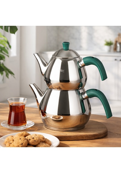 Porsima 1029-2 Damla Bakalit Kulp Orta Boy Paslanmaz Çelik Çaydanlık Takımı - Yeşil - 1.25-2.00lt