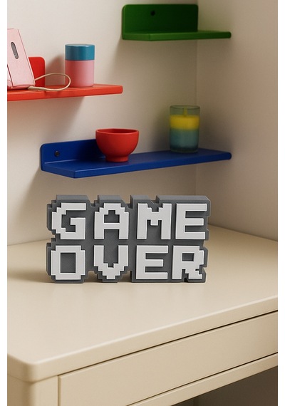Retro Game Over Kabartmalı Dekoratif Obje - Gri Masaüstü Ve Duvar Süsü Hediye