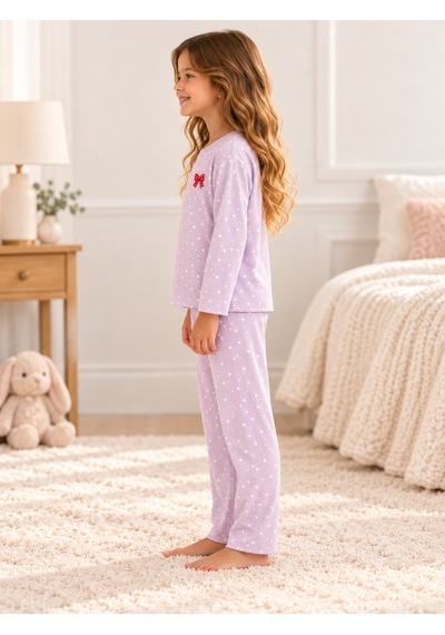 Luess Kız Çocuk Lila Puantiyeli Uzun Kollu Pijama Takımı