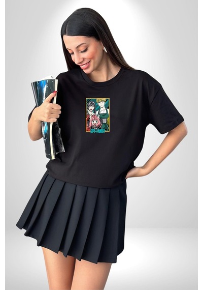 Spy X Family Anime Özel Tasarım Siyah Oversize Unisex Ön Orta Minimal Baskılı Tişört Siyah