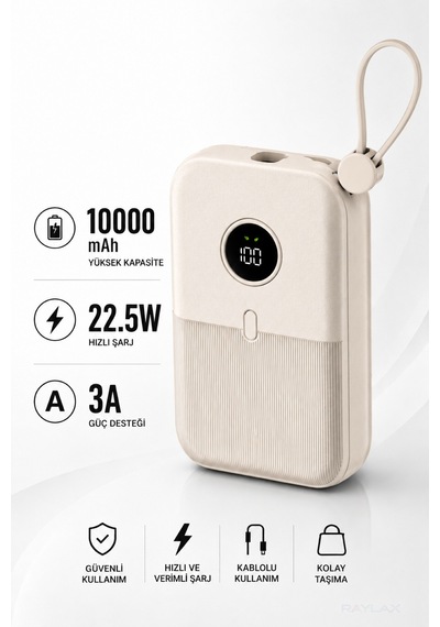10000mah Powerbank 22.5w Hızlı Şarjlı Taşınabilir Şarj Cihazı Dahili Kablolu Krem