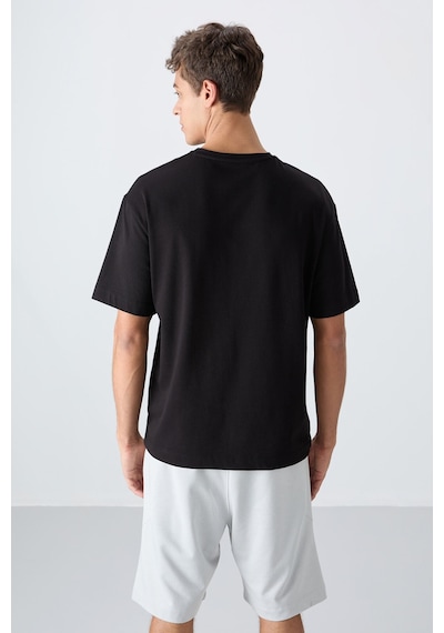Tommy Life Siyah Pamuklu Kalın Yumuşak Dokulu Oversize Fit Baskılı Erkek T-shirt - 88330 Siyah