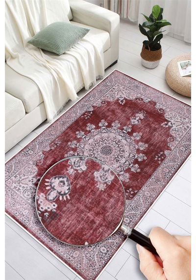 Kilim Desenli Baskılı Kaymaz Yıkanabilir Salon Oturma Odası Mutfak Antre Halısı Yolluk Bordo