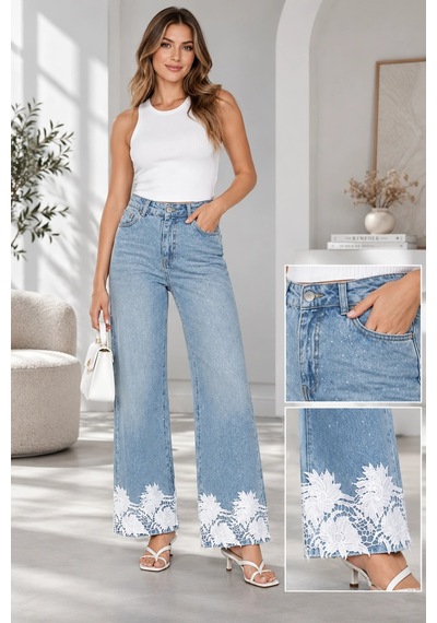 Mevese Kadın Taş İşlemeli Dantel Paça Denim Pantolon - Mavi