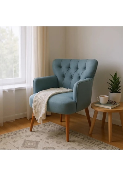 Waterybrook Tekli Berjer Koltuk - Kapitoneli Babyface Kumaş - Ceviz Ahşap Ayaklı - Retro Modern Tasarım Gri