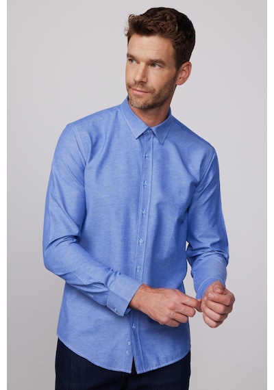 Tudors Modern Slim Fit Pamuklu Kolay Ütü Armürlü İndigo Erkek Gömlek-28379-ındigo İndigo