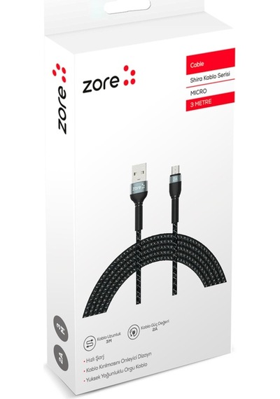 Shira Serisi Micro Usb Kablo 3 Metre-Siyah
