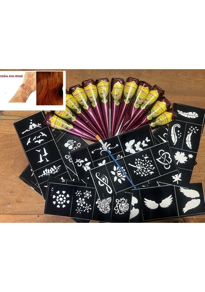Airbrush Tattoo Doğal Renk Jumbo Boy Kına 50 G + Koni Kına 2'li + Şablon 12'li