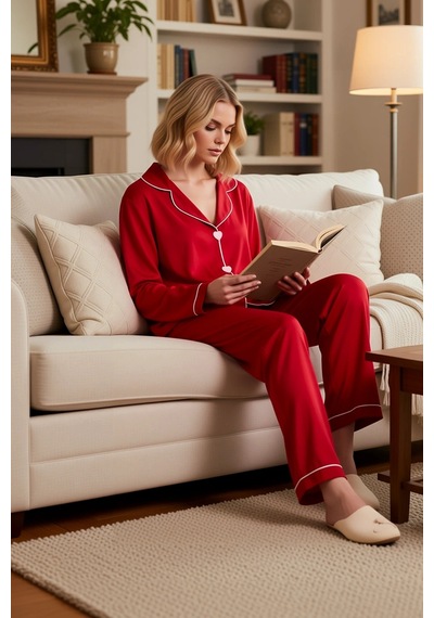 Benerly Kadın Gömlek Yaka Standart Kol Regular Kalıp Dokuma Pijama Takımı bordo