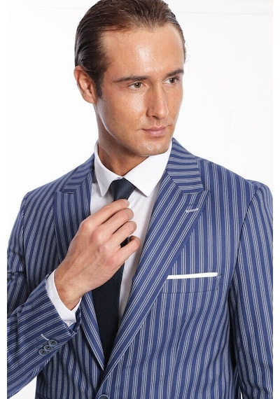 Wessi Çizgili Slim Fit Mavi Erkek Ceket Siyah