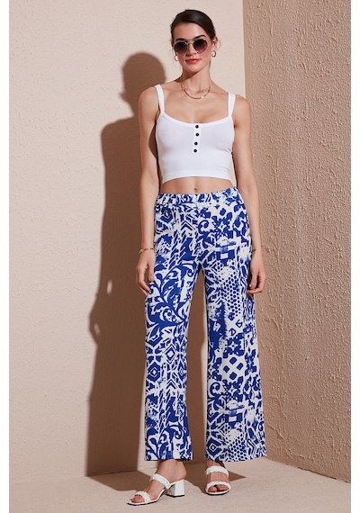 Lela Desenli Standart Fit Yüksek Bel Geniş Paça Bayan Pantolon 5869019 Saks