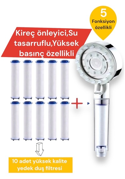 Truva 10 Adet Yedek Filtreli Beyaz Renk Masaj Özellikli Duş Başlığı Krom