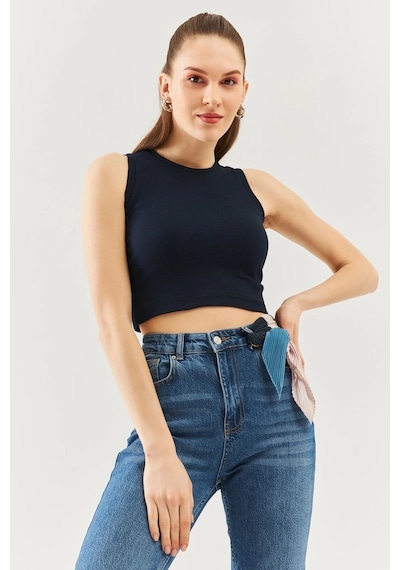 Butikgiz Kadın Sıfır Kol Bisiklet Yaka Vücuda Oturan %100 Pamuklu Kaşkorse Esnek Crop Bluz Lacivert