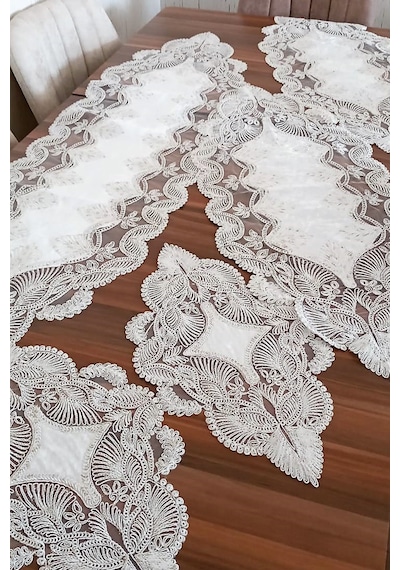 Salon Takımı 5 Parça Dantelli Masa Örtüsü Runner Seti Diğer