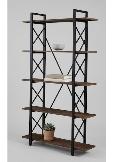 Modern 5 Raflı Metal Kitaplık - 180 Cm Ceviz Raflı Dekoratif Çelik Gövdeli Kitaplık Siyah