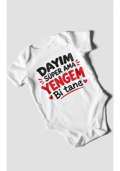 Morivokids Dayım Süper Ama Yengem Bi Tane Kısa Kollu Bebek Body %100 Pamuk Beyaz