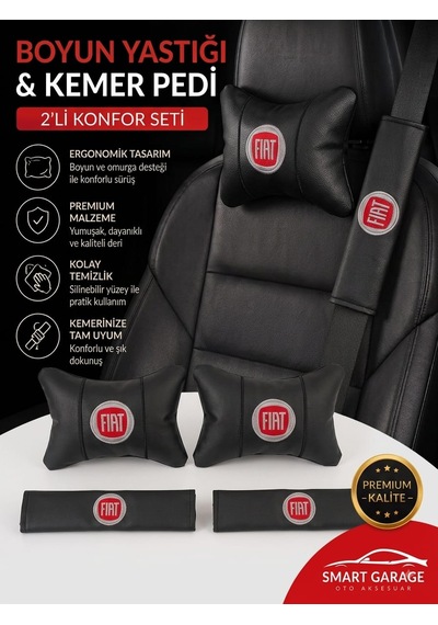 Fiat Deri Yastık Ve Kemer Pedi Oto Boyun Yastığı Güvenli Sürüş Deri Konfor Siyah