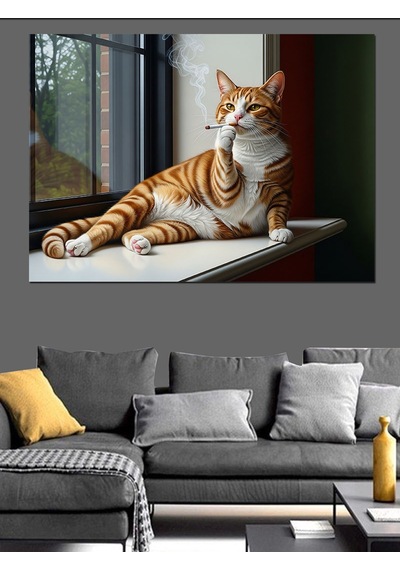 Kedi Güneşli Pencere Kenarı Dekoratif Kanvas - Mdf Ahşap Tablo