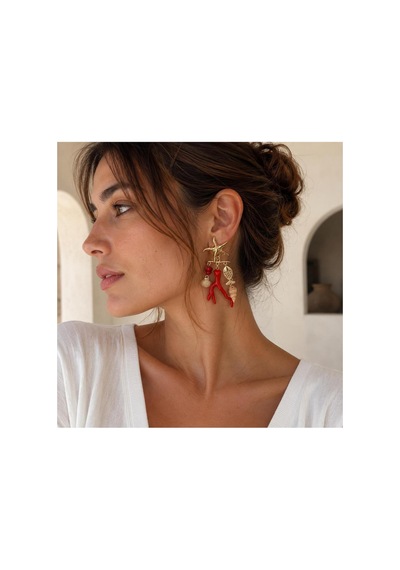 Deniz Temalı Gold Mercan Küpe Kırmızı Mercan Deniz Yıldızı Sallantılı Kadın Küpe Kırmızı - 886835893 Kırmızı - 886835893 Kırmızı