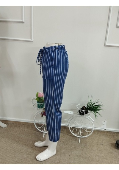 Kadın Yüksek Bel Bağcıklı Leopar Desenli Modal Pantolon Mavi