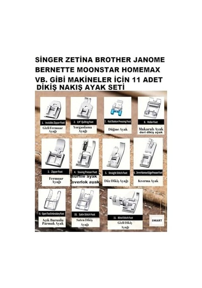 11 Parça Ev Tipi Aile Dikiş Makinesi Ayak Seti Singer Janome Pfaff Zetina