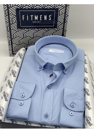 Slim Fit Uzun Kol Yıkamalı Gabardin Hediye Kutulu Erkek Gömlek Fs-001364 - Mavi-1439 MAVİ