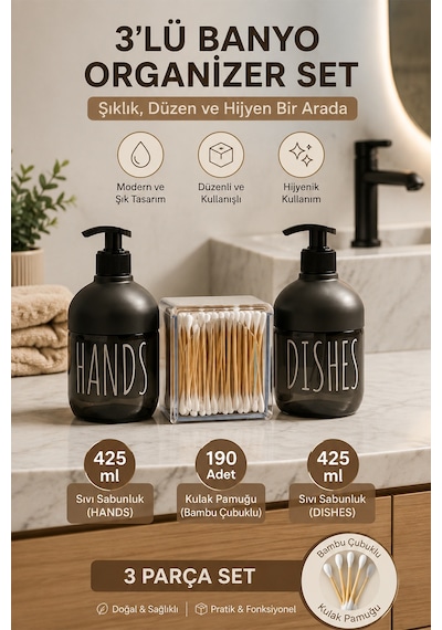 Porsima 3lü Mutfak Banyo Tezgah Üstü Temizlik Seti - 2li Cam Sıvı Sabunluk - 190 Adet Doğal Ahşap Bambu Kulak Çubuğu Antrasit Diğer