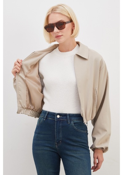 Fullamoda Fermuarlı Polo Yaka Bomber Ceket Bej