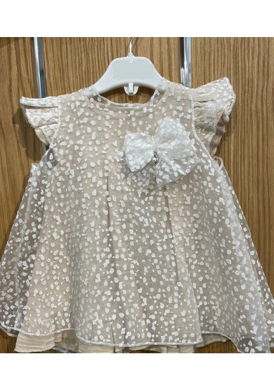 Lamato Baby Yazlık Müslin Nokta Desenli Tüllü Taşlı Damla Aksesuarlı Bebe Kız Elbise Bej