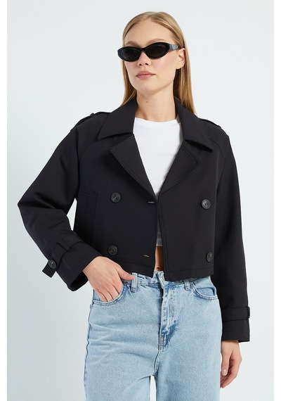 Fullamoda Kruvaze Yaka Çift Cepli Crop Trençkot Siyah