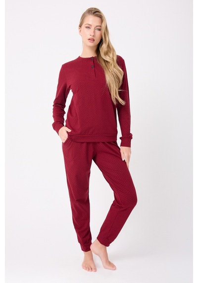 Lespadon Ocean Rıpple Premium Örme Pamuk Uzun Kollu Henley & Uzun Pantolonlu Kadın Pijama Takımı-3216 Bordo