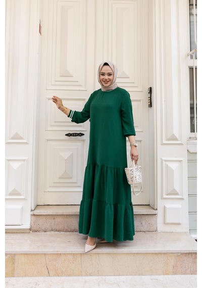 Hb Harma Time Butik Kadın Kat Kat Ribanalı Yeşil Tesettür Elbise